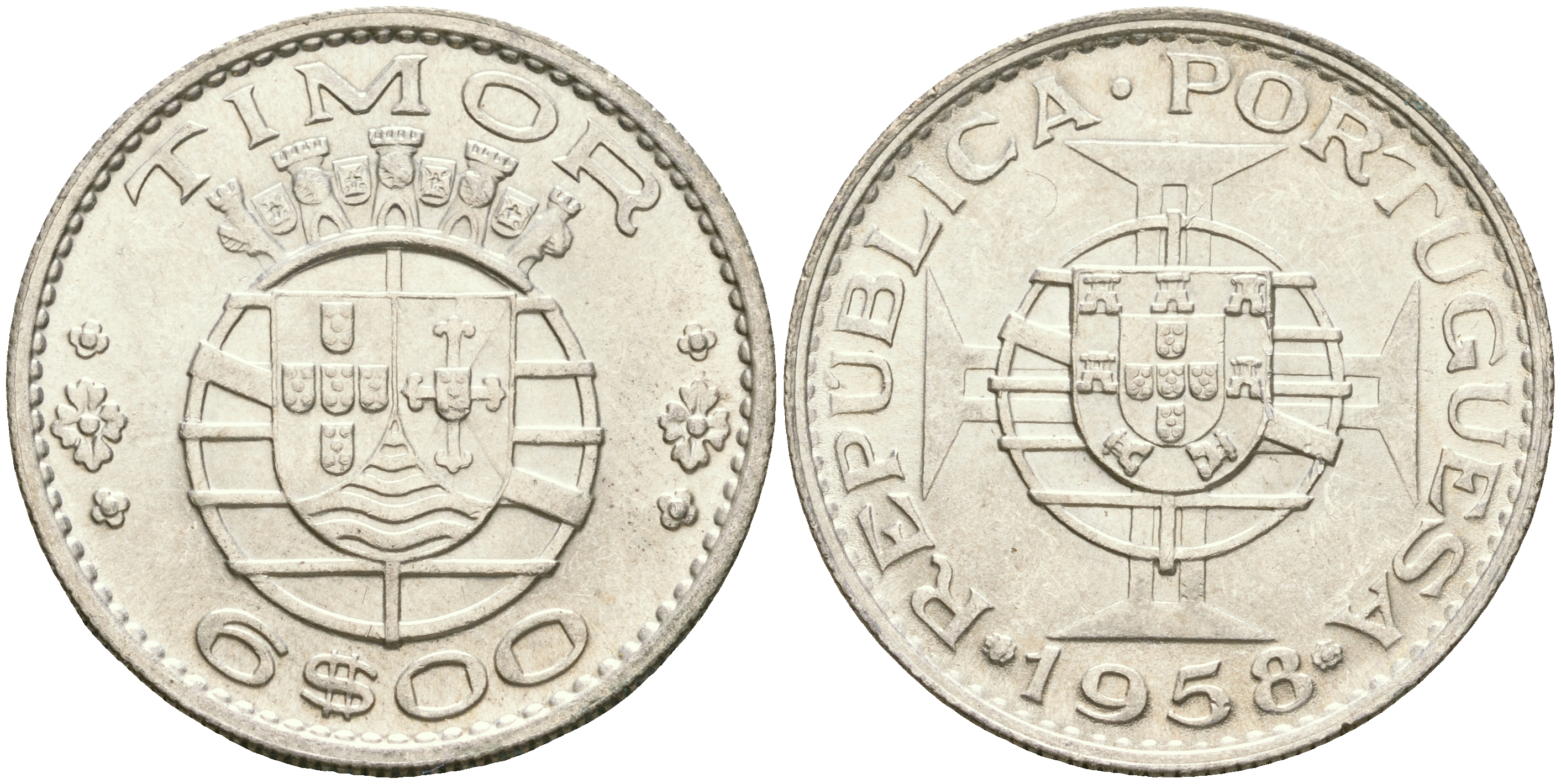 Португальский Тимор 6 эскудо 1958 год тип KM 15 серебро aUNC 4364-1645