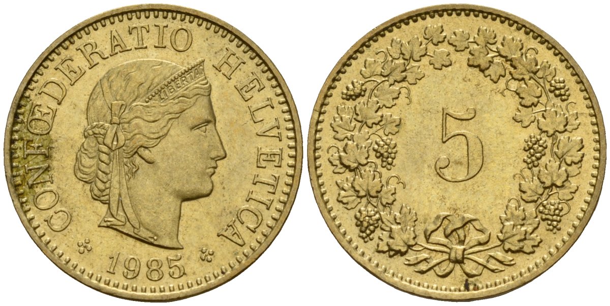 Швейцария 5 раппенов 1985 KM 26c алюминиевая бронза 4189-341