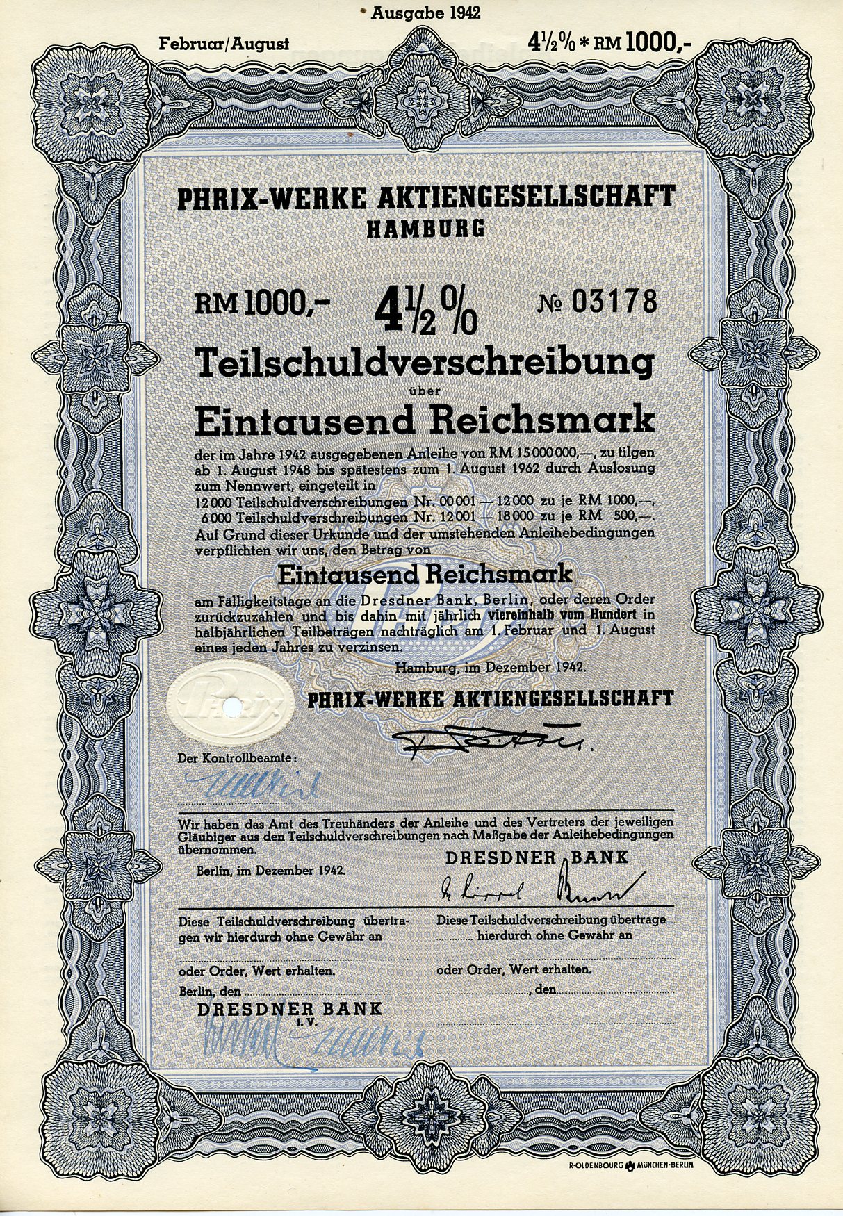 Германия 1000 рейхсмарок 1942 АО Phrix-Werke, Гамбург, 4 1/2% облигация   бумага 8804-109-1