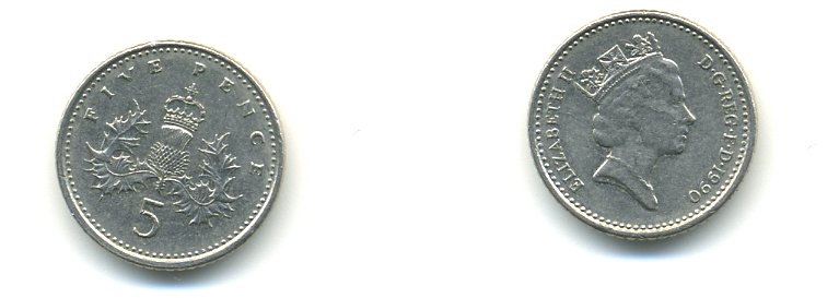 Великобритания 5 пенсов 1990 Елизавета II (1952-2022) KM 937b, Spink 4372 (D4) медно-никель 59-634