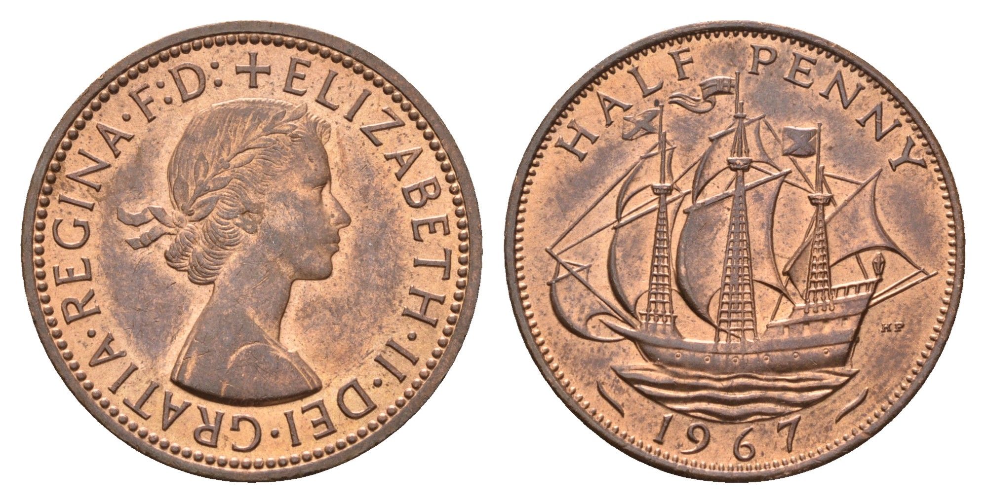 Великобритания 1/2 пенни 1967 Елизавета II (1952-2022) KM 896, Spink 4158 бронза 4118-1055