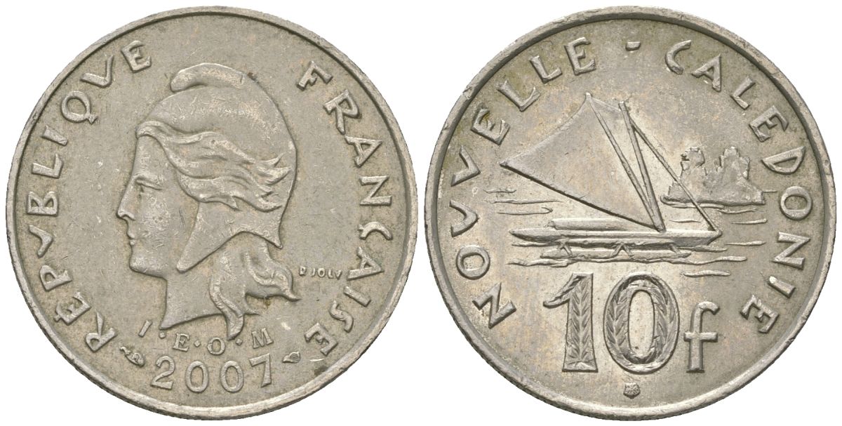 Французская Новая Каледония 10 франков 2007 рыбачья парусная лодка, (IEOM) KM 11a, Schoen 13a, Lec 99k медно-никель 60-213