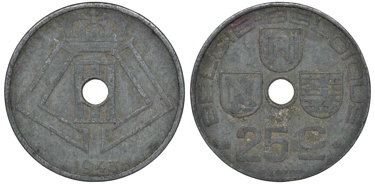 Бельгия 25 сантимов 1943 Belgie-Belgique KM 132 цинк 4163-634