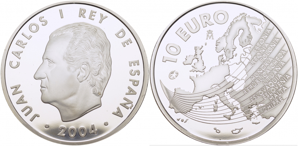 Испания 10 евро 2004 M, расширение Евросоюза, карта Европы KM 1099 серебро PROOF 01-166-25
