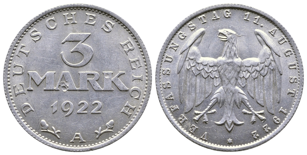 Германия 3 марки 1922 A, третья годовщина Веймарской Конституции KM 29, J. 303 алюминий 36-115