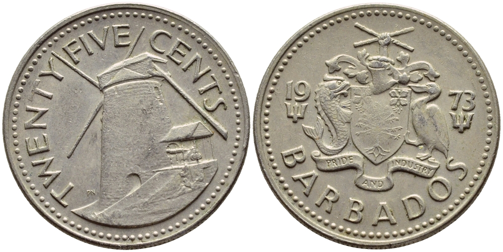 Барбадос 25 центов 1973 ветряная мельница Моргана Льюиса KM 13 медно-никель 4398-336