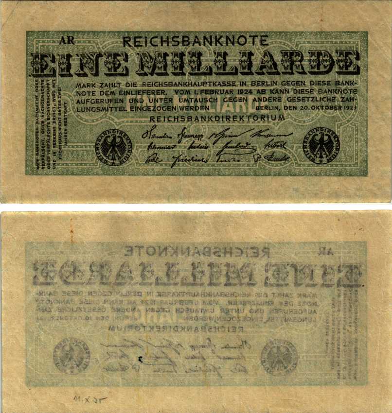 ГЕРМАНИЯ 1000000000 МАРОК 1923 20 ОКТЯБРЯ 1923 Pick 122 бумага 7523-5-4-2