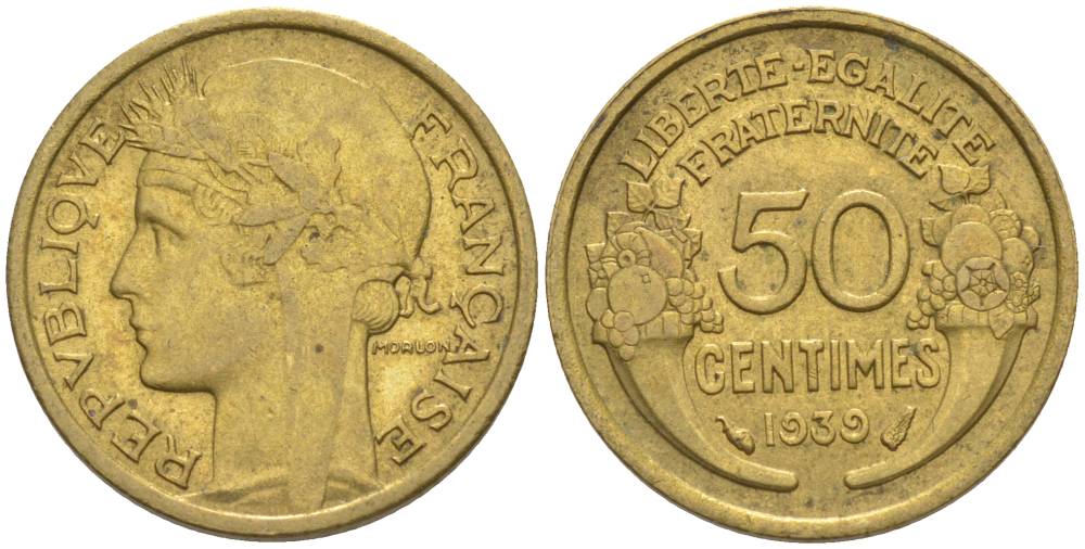ФРАНЦИЯ 50 САНТИМОВ 1939 ТИП MORLON KM 894.1, LE FRANC 192.15 алюминиевая бронза 44-835