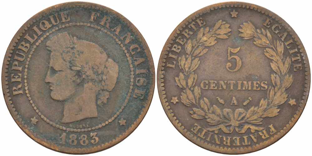 ФРАНЦИЯ 5 САНТИМОВ 1883 А, ТРЕТЬЯ РЕСПУБЛИКА (1871-1940) KM 821.1, LE FRANC 118.25 бронза 108-632
