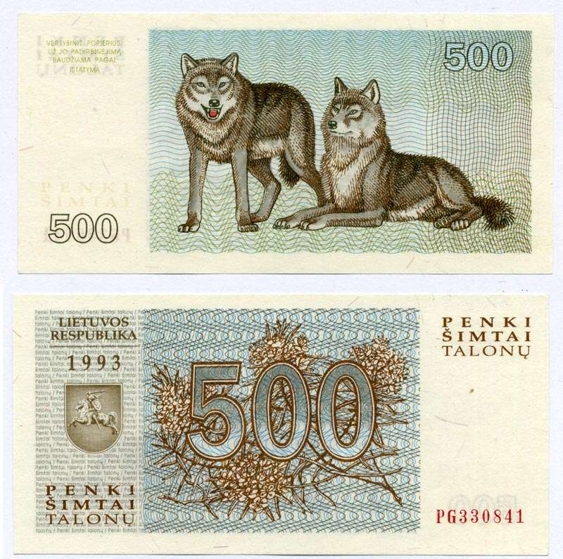 Литва 500 талонов 1993 волки, серия PG Pick 46, Сергеев 50 бумага UNC (пресс) 6262-26-3-2