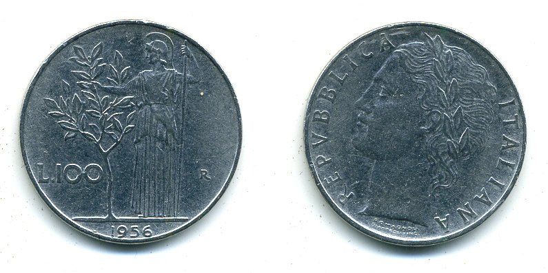 ИТАЛИЯ 100 ЛИР 1956 R, АФИНА KM 96.1 нержавеющая сталь 25-933