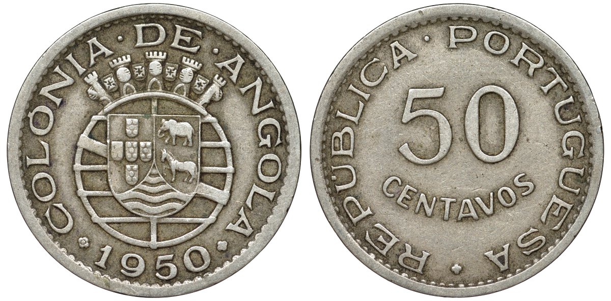Португальская Ангола 50 сентаво 1950 KM 72 никель бронза 51-2827