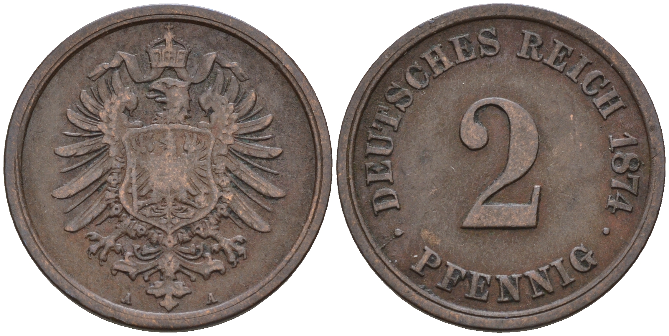 Германия 2 пфеннига 1874 А, старогербовка KM 2, J.2 медь    4596-251
