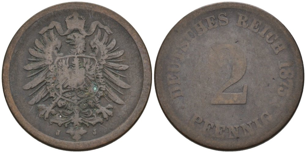 Германия 2 пфеннига 1875 J, старогербовка KM 2, J. 2 медь 4575-653