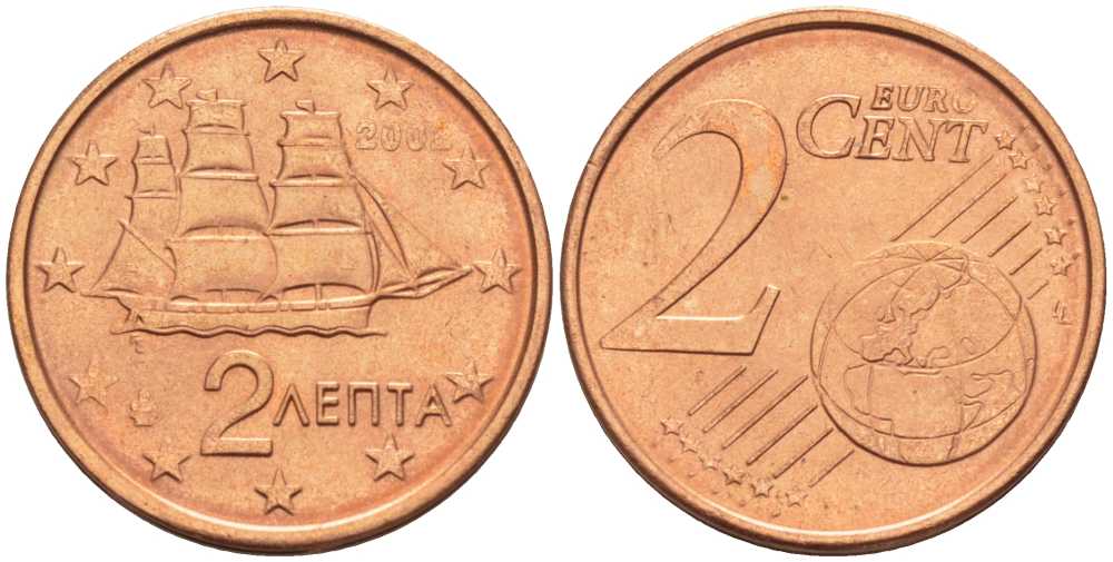 ГРЕЦИЯ 2 ЕВРОЦЕНТА 2002 KM 182 сталь плакированная медью UNC 214-348