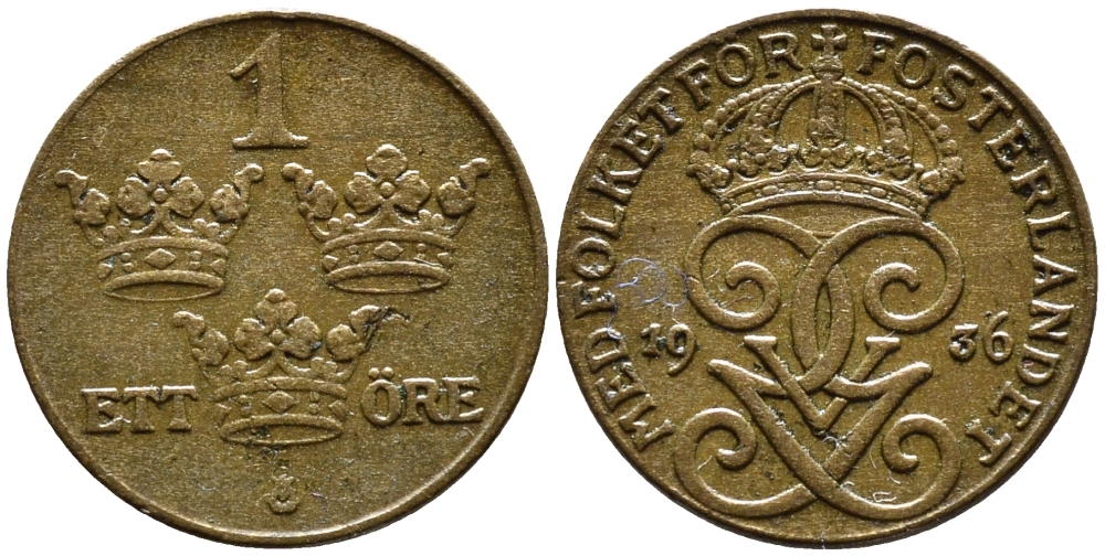 Швеция 1 эре 1936 длинная 6, Густав V (1907-1950) KM 777.2 бронза 4387-1216