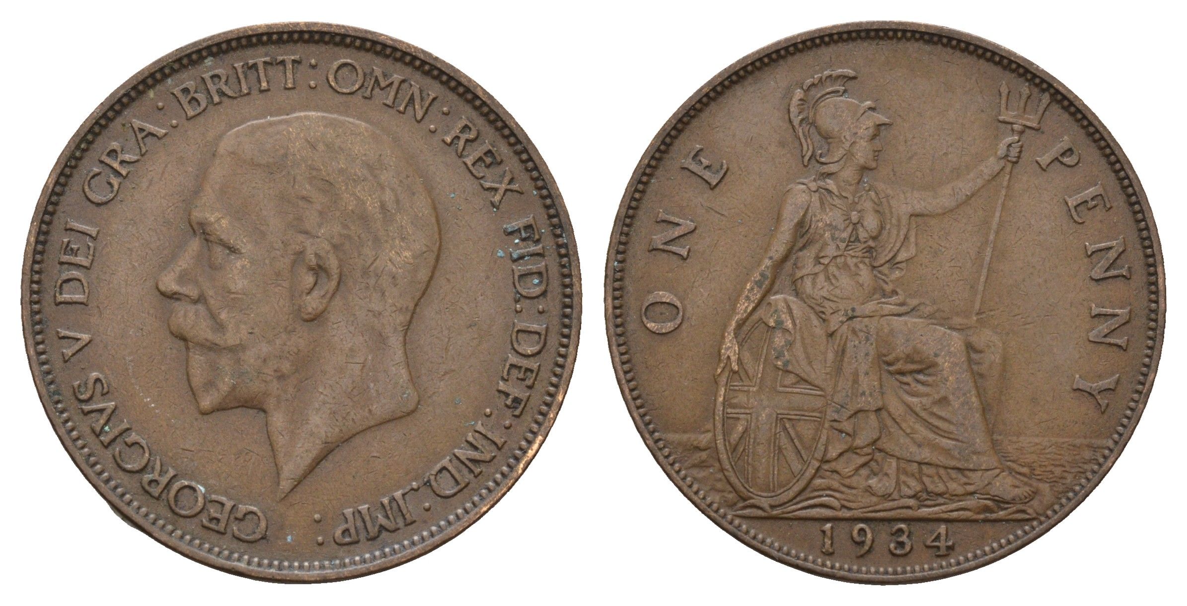 Великобритания 1 пенни 1934 Георг V (1910-1936) KM 838, Spink 4055 бронза 221-145