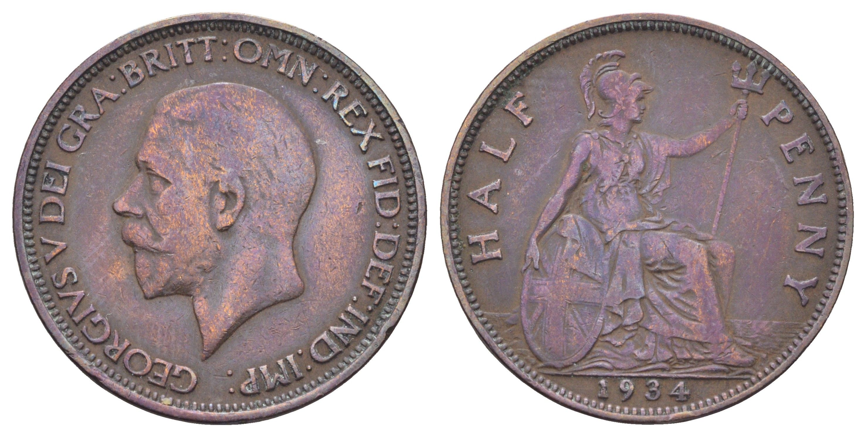 Великобритания 1/2 пенни 1934 Георг V (1910-1936) KM 837, Spink 4058 бронза 4698-957