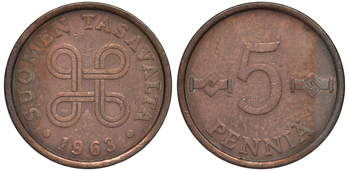 ФИНЛЯНДИЯ 5 ПЕННИ 1963 KM 45 медь 3334-1045