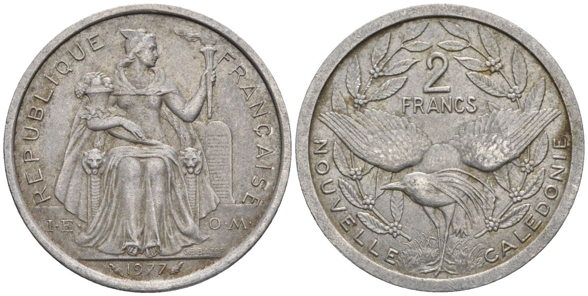 Французская Новая Каледония 2 франка 1977 птица кагу, (IEOM) KM 14, Schoen 11, Lec 58 алюминий    27-423