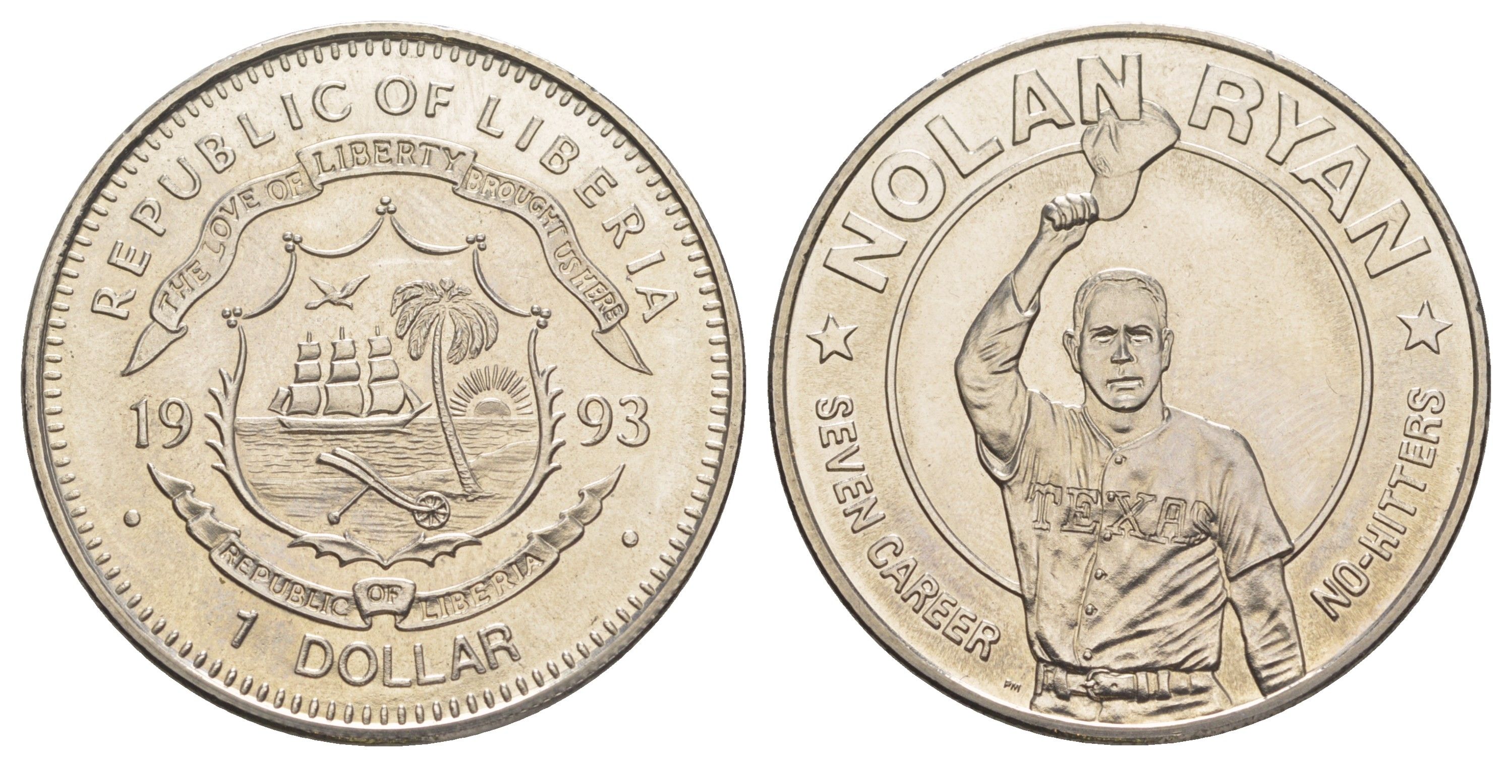 Либерия 1 доллар 1993 Нолан Райан KM 101 медно-никель BU 00-1067-2-31