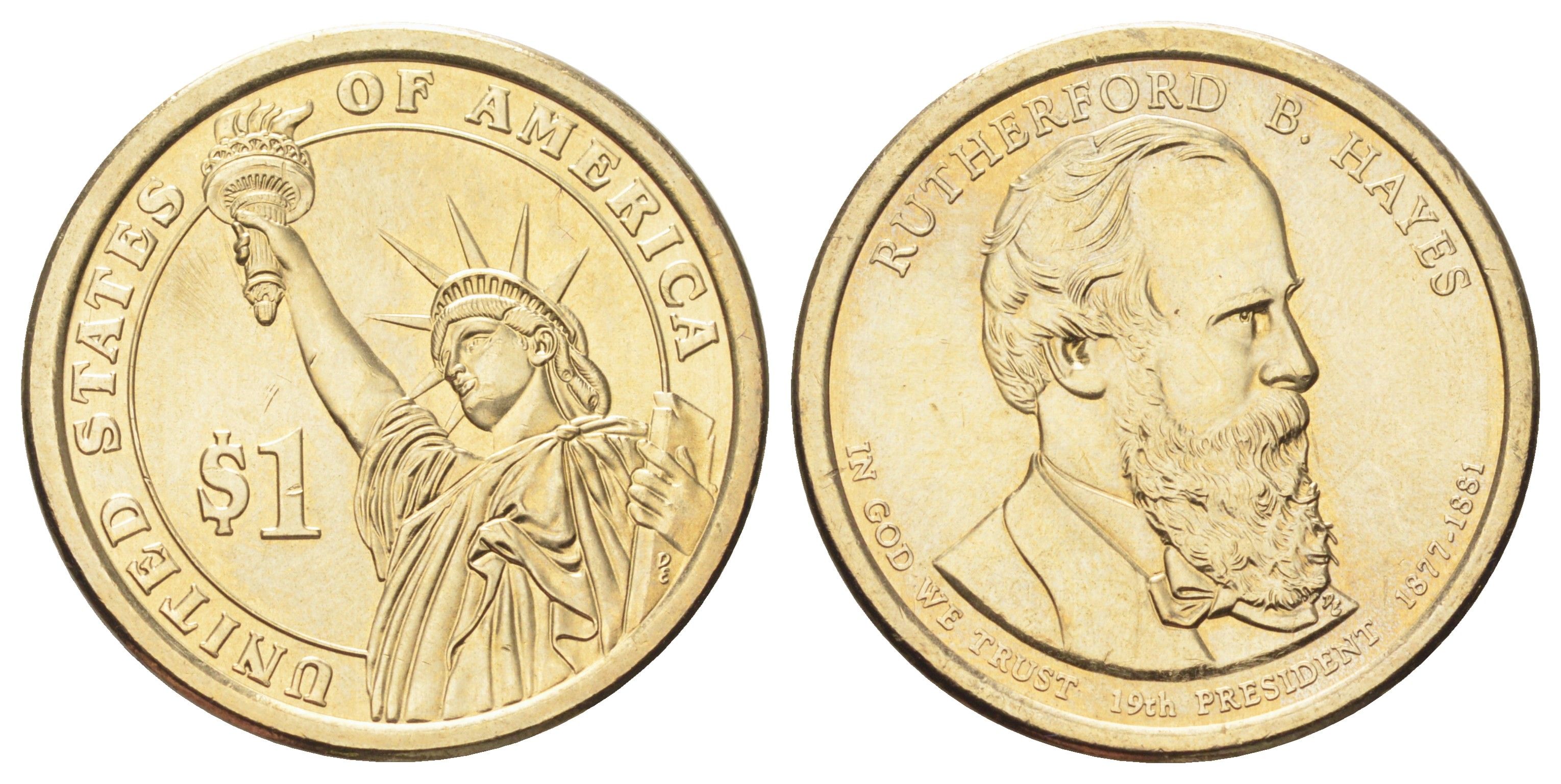 США 1 доллар 2011 Президент США - Ратерфорд Хейз (1877-1881) KM 501 медь с марганцево-латунным покрытием UNC 4699-924