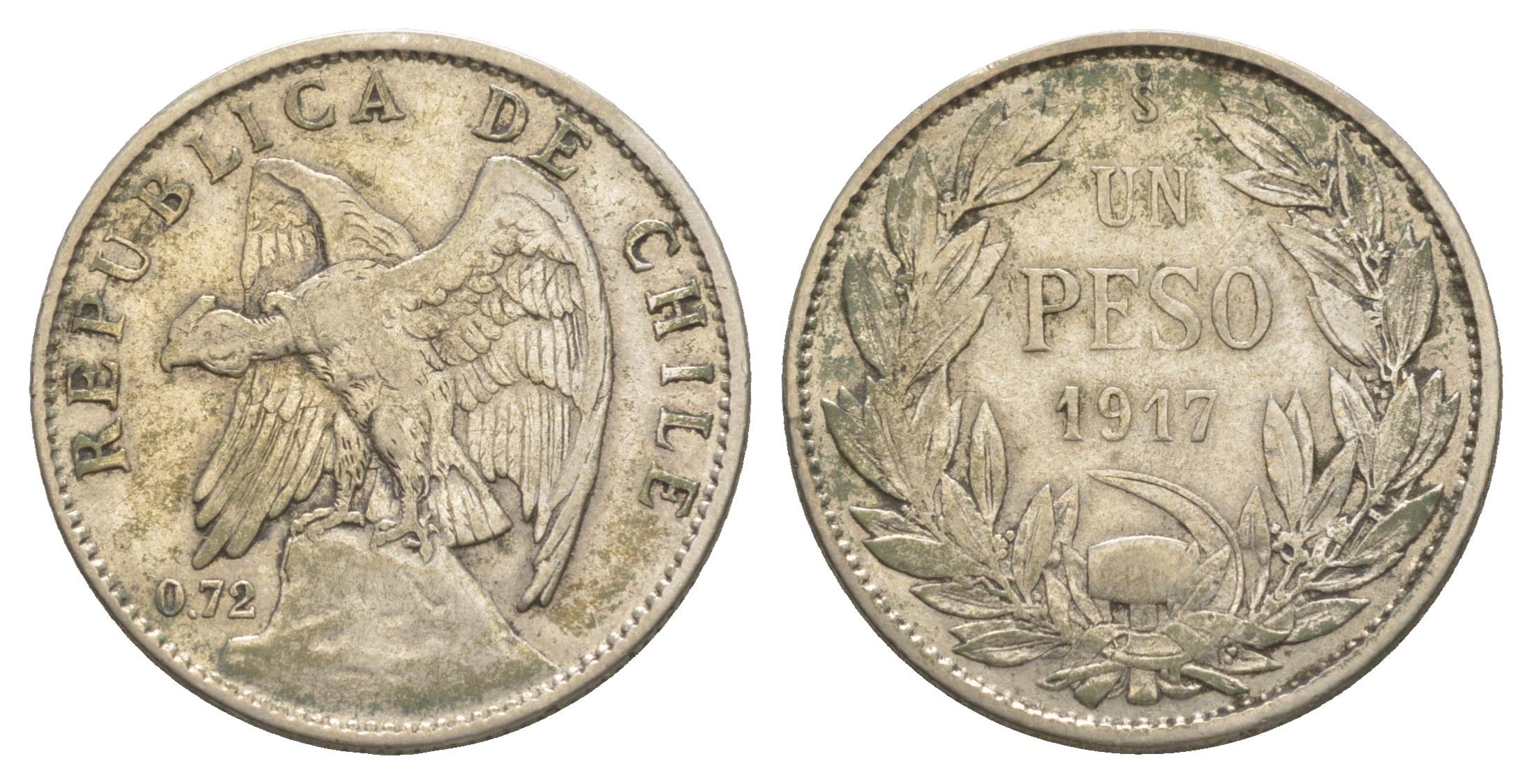 Чили 1 песо 1917 KM 152.4 серебро 443-843