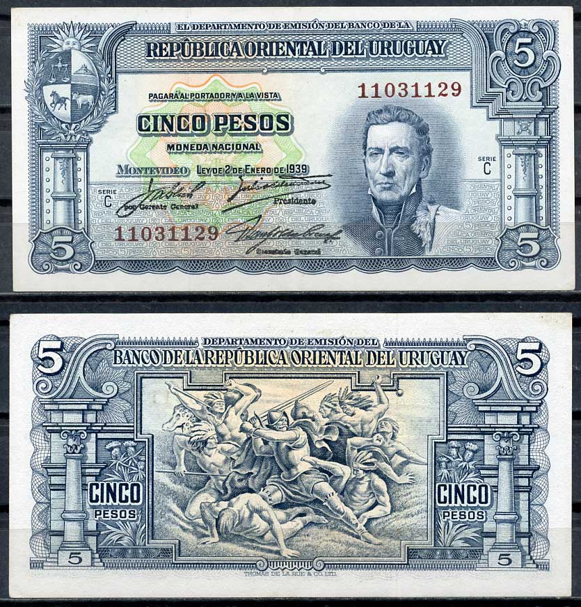Уругвай 5 песо 1939 Хосе Хервасио Артигас, конкистадор, сражающийся с индейцами, серия С Pick 36 b (3)  бумага  aUNC 7217-73-3-1