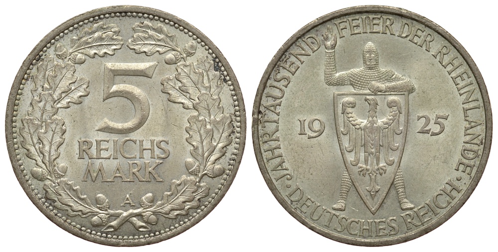 Германия 5 марок 1925 A, 1000 летие Рейнланда Weege 25, J. 322, KM 46 серебро 00-812-23