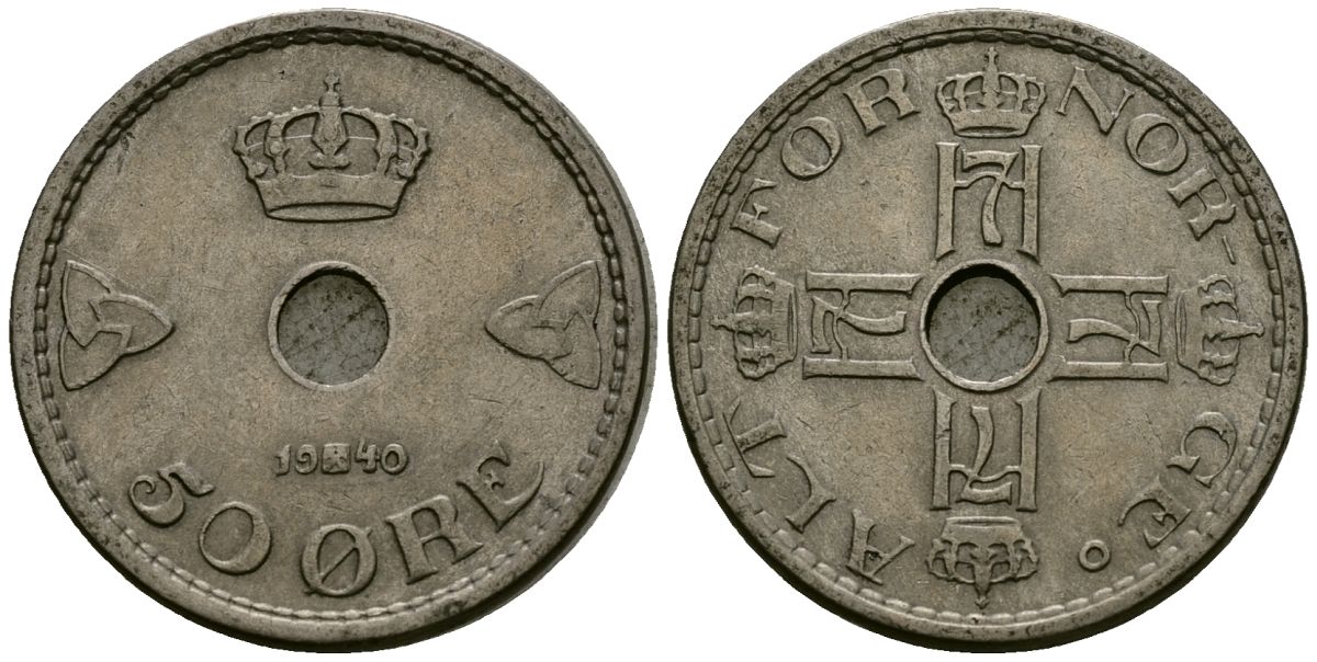 Норвегия 50 эре 1940 Хокон VII (1905-1957) KM 386 медно-никель 4584-134