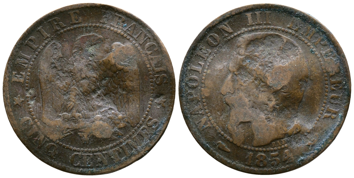 ФРАНЦИЯ 5 САНТИМОВ 1854 W, НАПОЛЕОН III (1852-1870) KM 777.7, LE FRANC 116.15 бронза 4364-1023