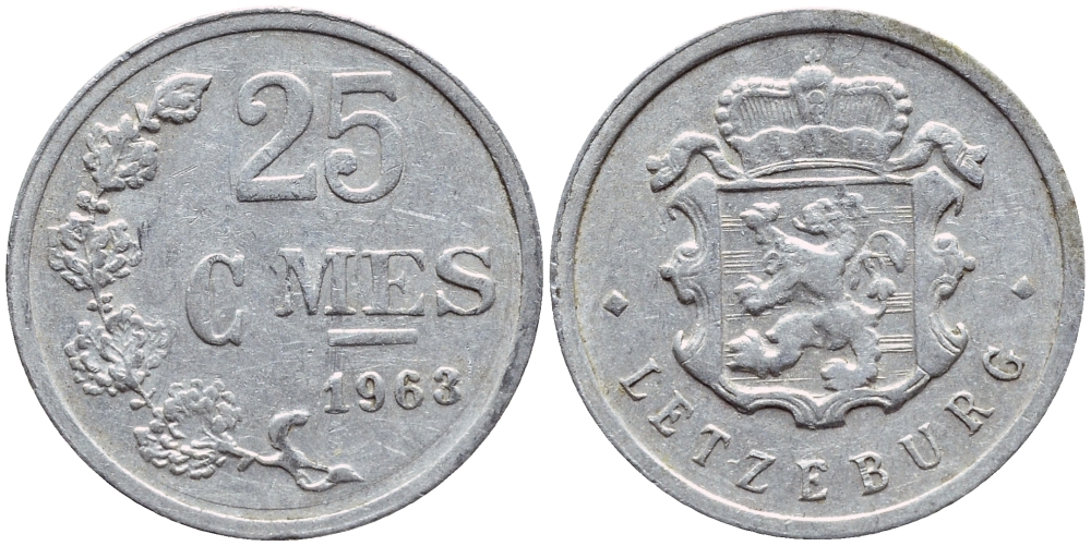 ЛЮКСЕМБУРГ 25 САНТИМОВ 1963 KM 45а.1 алюминий 4398-825