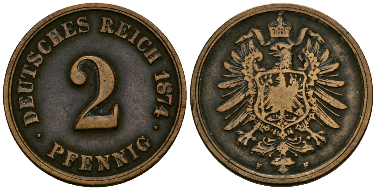 Германия 2 пфеннига 1874 F, старогербовка KM 2 медь 4551-1117