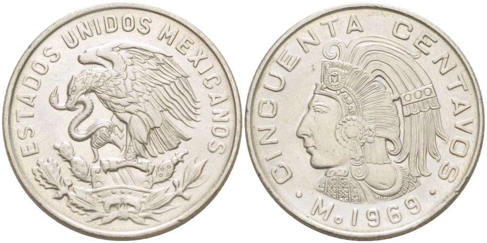 Мексика 50 сентаво 1969 Куаутемок, последний правитель империи ацтеков KM 451 медно-никель 4519-644
