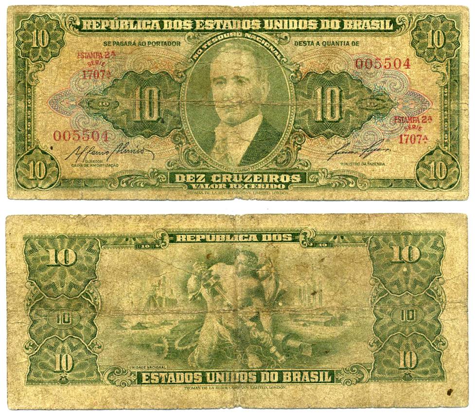 БРАЗИЛИЯ 10 КРУЗЕЙРО 1953-1960 ПОДПИСЬ 7, СЕРИЯ 1707 Pick 159e бумага F-VF 7198-14-1