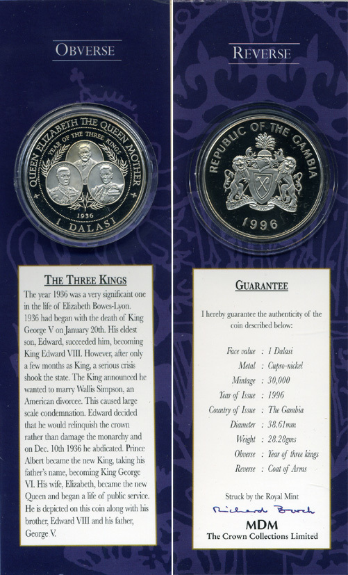 Гамбия 1 даласи 1996 королева Елизавета-королева мать, в оригинальном картонном буклете, 1936 - год трех королей, тираж 30000 экз. KM 65 медно-никель PROOF 00-00