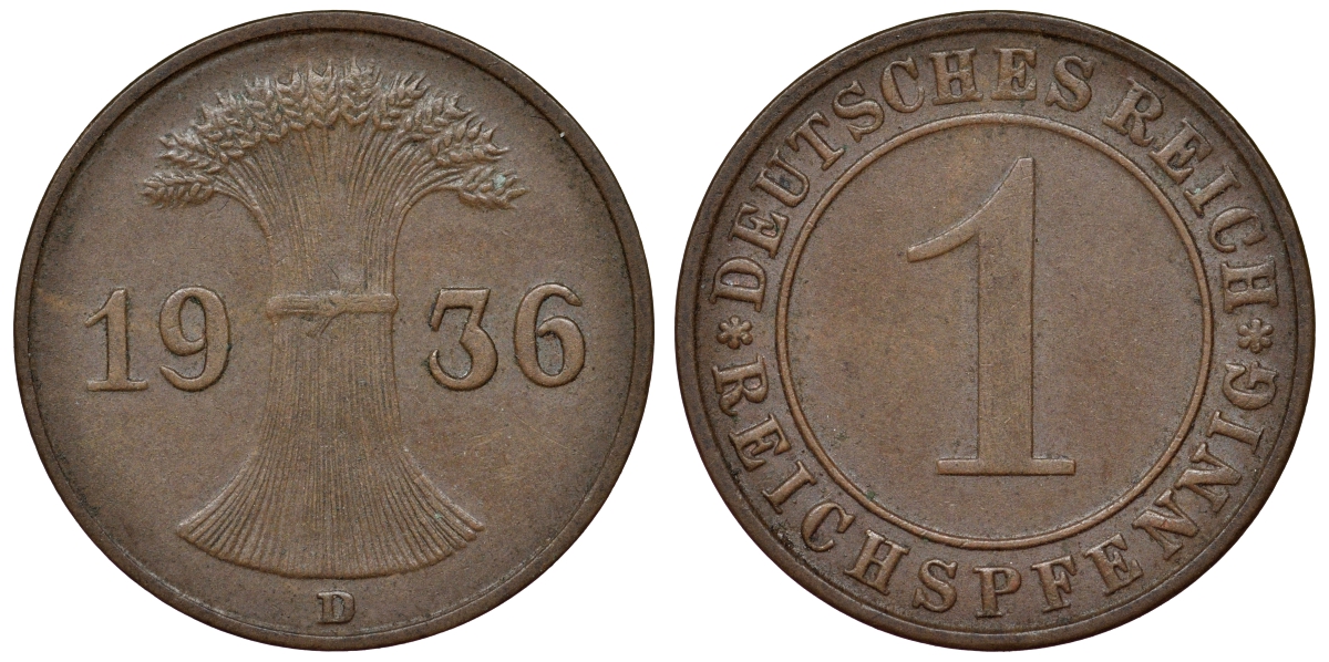Германия 1 рейхспфенниг 1936 D KM 37, J. 313 бронза 4124-133