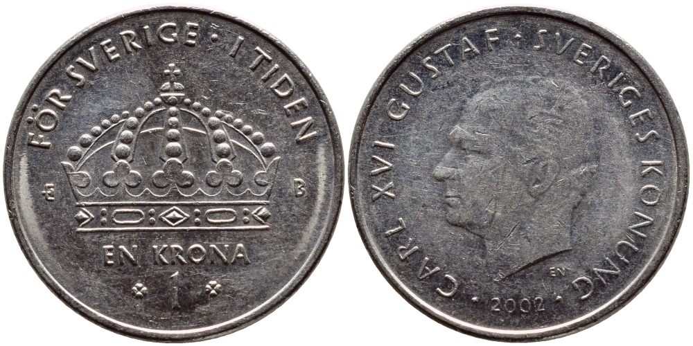 Швеция 1 крона 2002 Карл XVI Густав (1973- ) KM 894 медно-никель 4364-1116