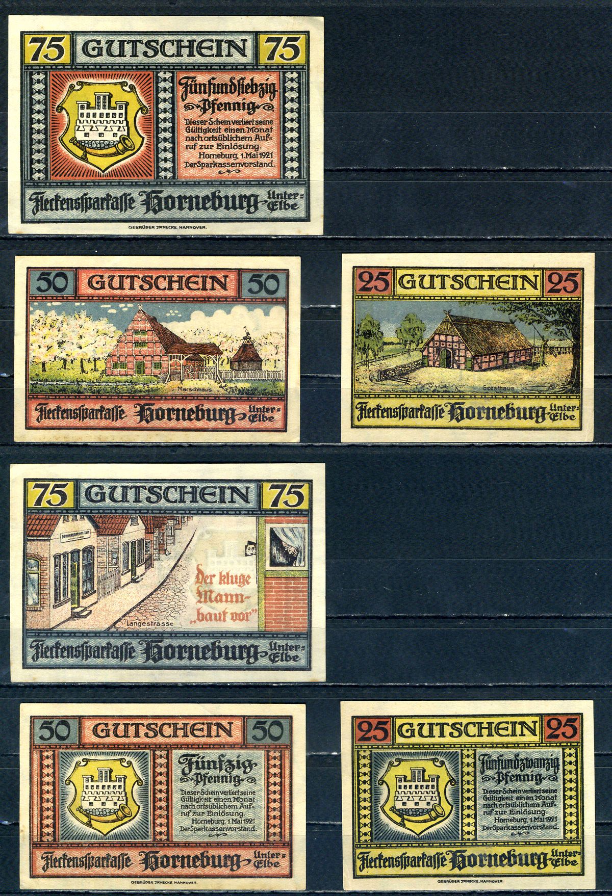 Хорнебург (Пруссия, Ганновер) полный набор из 3 нотгельдов (25, 50 и 75 пфеннигов) 1921 бумага UNC (пресс) 7555-51-1-1
