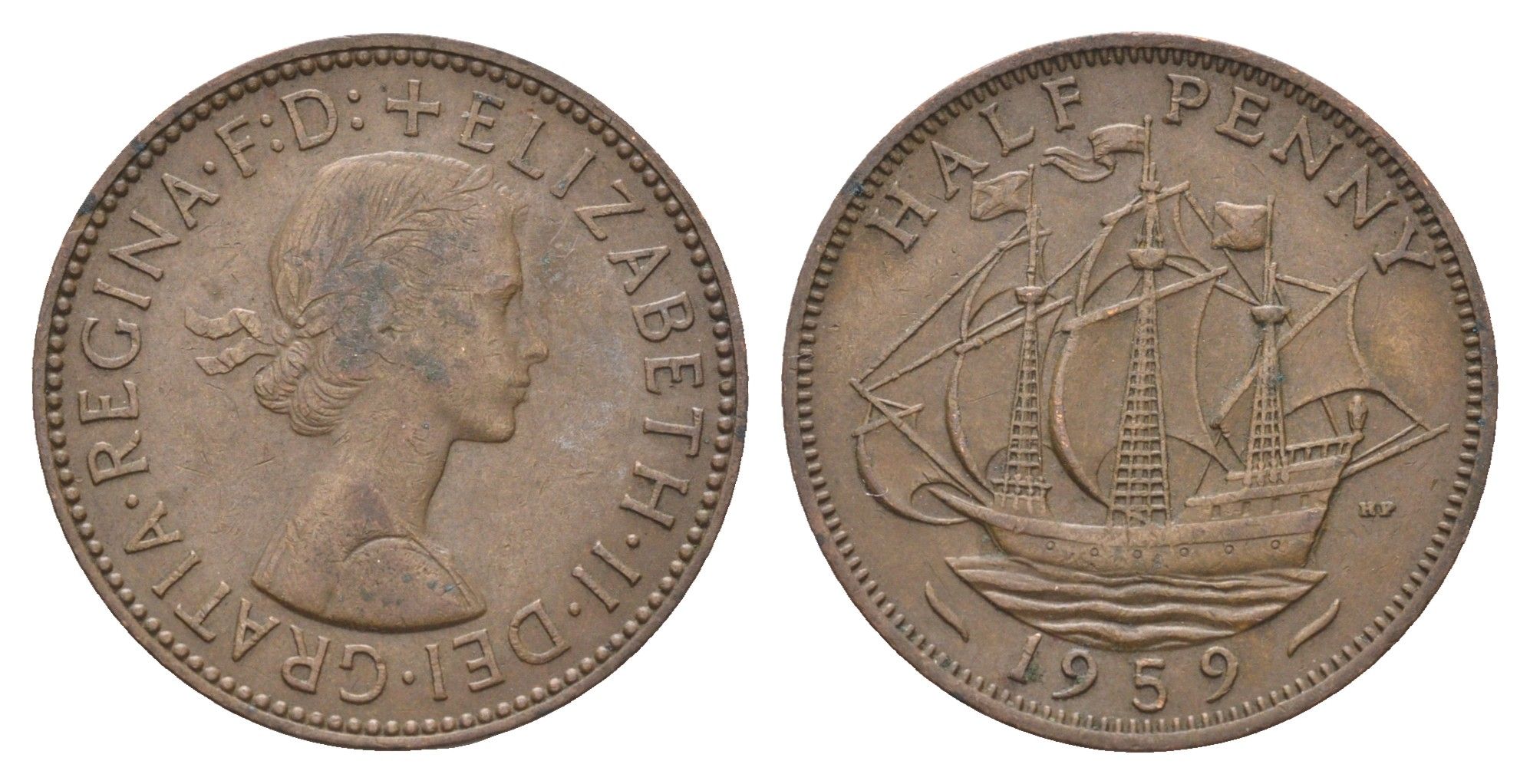 Великобритания 1/2 пенни 1959 Елизавета II (1952-2022) KM 896, Spink 4158 бронза 4662-1152