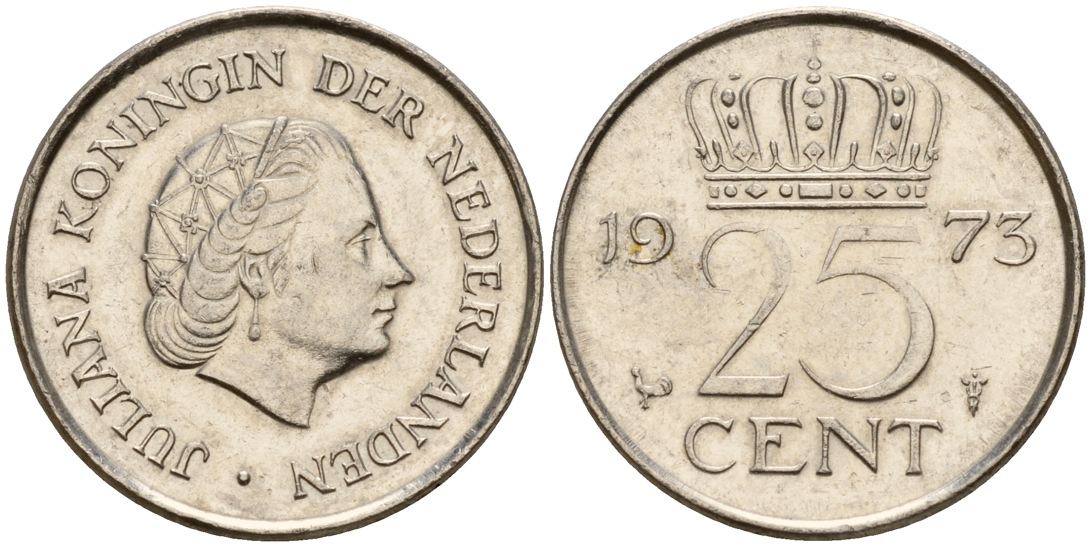 Нидерланды 25 центов 1973 Юлиана (1949-1980) KM 183 никель    4598-469