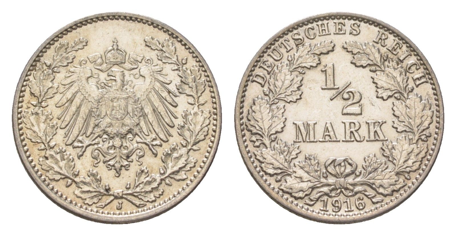 Германия 1/2 марки 1916 J, Вильгельм II (1888-1918) KM 17, J. 16 серебро aUNC 3896-745