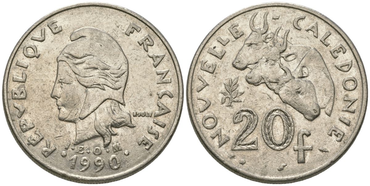 Французская Новая Каледония 20 франков 1990 три быка, (IEOM) KM 12, Schoen 14, Lec 113 никель 73-431