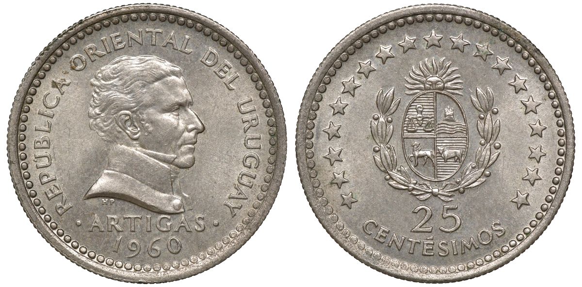 Уругвай 25 сентесимо 1960 KM 40 медно-никель 4169-865