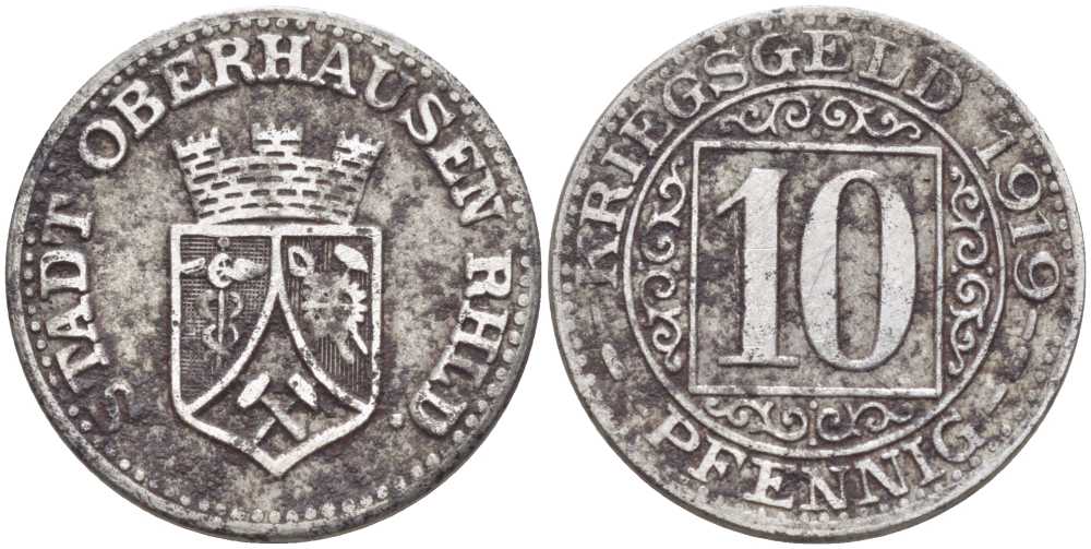 ОБЕРХАУЗЕН 10 ПФЕННИГОВ 1919 НОТГЕЛЬД, ДИАМЕТР 21 ММ., ЗЕМЛЯ СЕВЕРНЫЙ РЕЙН-ВЕСТФАЛИЯ железо 201-856