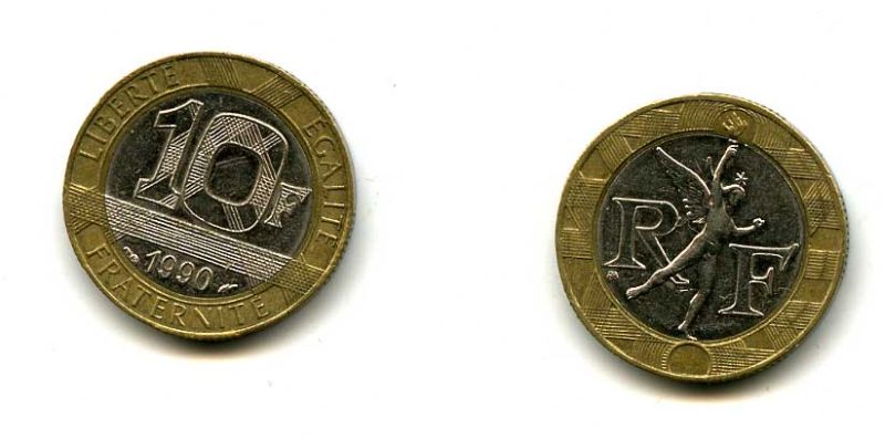 Франция 10 франков 1990 тип Гений Бастилии KM 964.1, Le Frank 375.5 биметалл 37-155