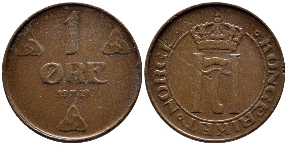 НОРВЕГИЯ 1 ЭРЕ 1921 KM 367 бронза 4387-114