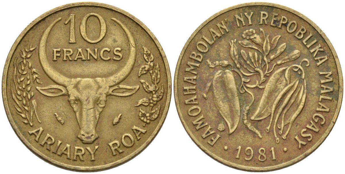 Мадагаскар 10 франков 1981 KM 11 алюминиевая бронза 4141-621