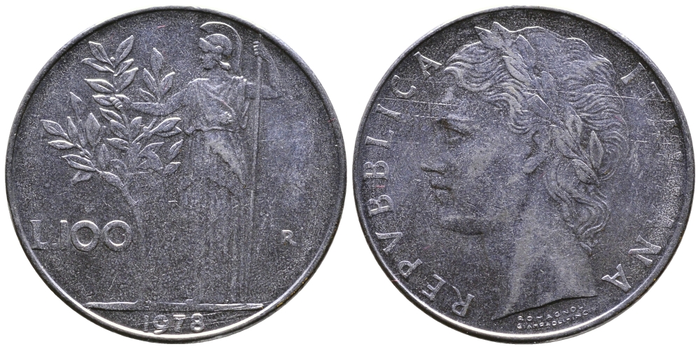 ИТАЛИЯ 100 ЛИР 1978 R, АФИНА KM 96.1 нержавеющая сталь 3334-744