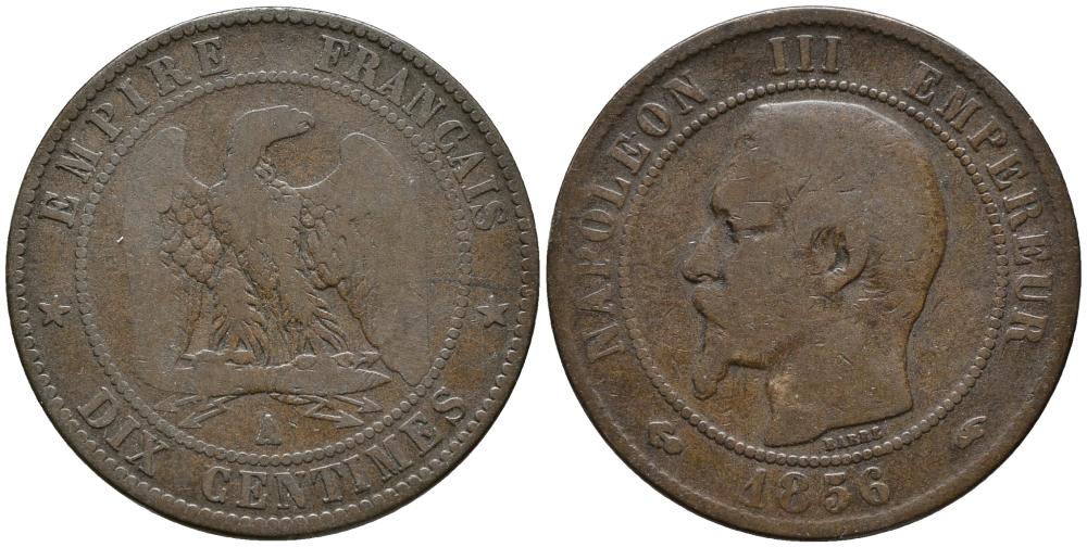 ФРАНЦИЯ 10 САНТИМОВ 1856 А, НАПОЛЕОН III (1852-1870) KM 771.1, LA FRANC 133.32 бронза 32-922
